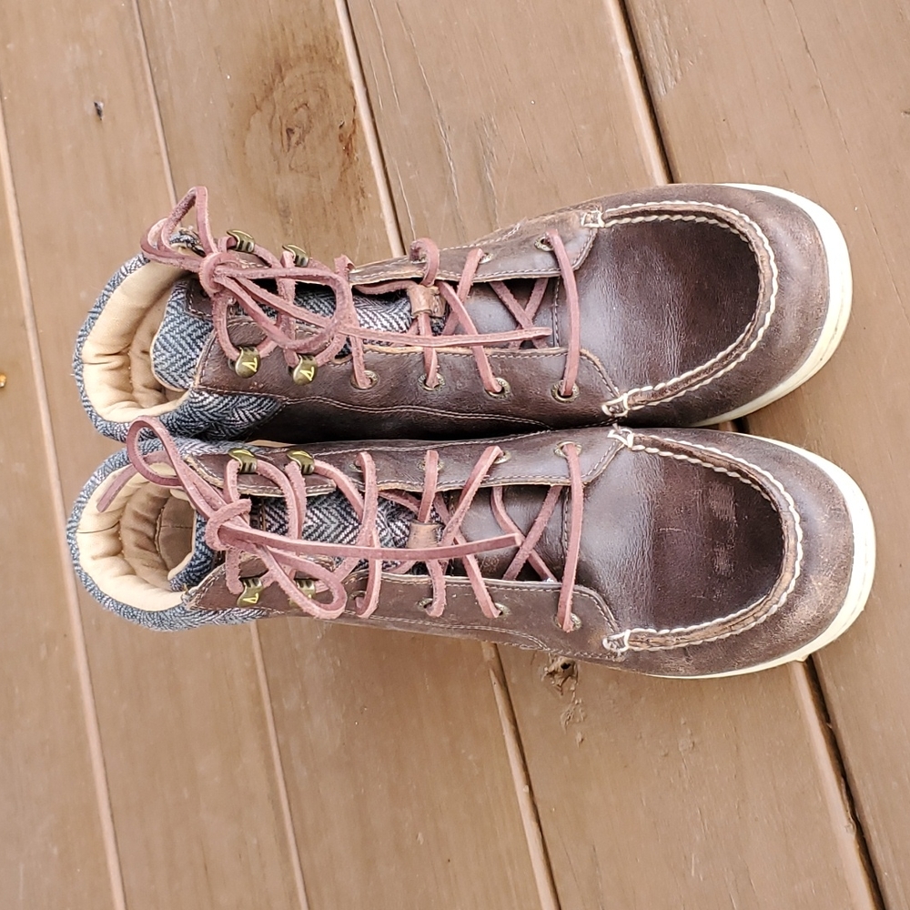 Sperry Topsider Brown Leather Boots w/ Tweed Accents Size 7